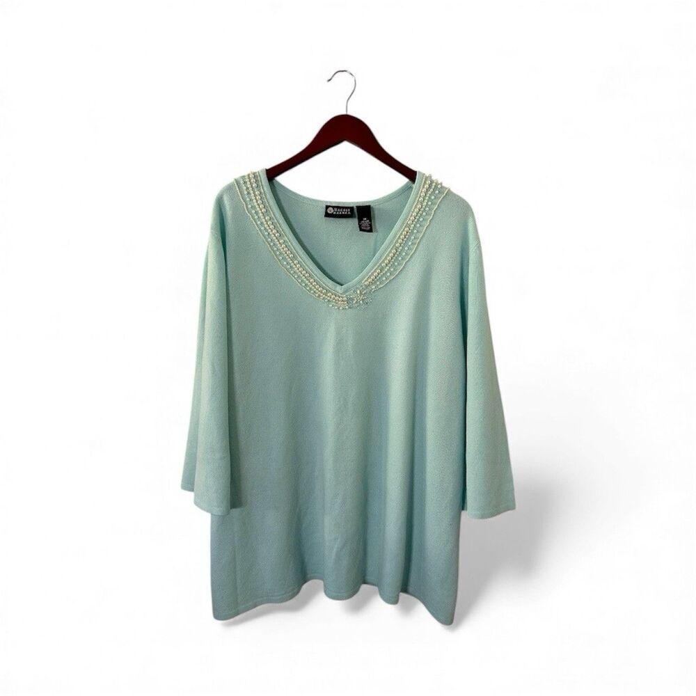 Maggie Barnes Pearl Collar Sweater Women's 3X/26-28 Pale Blue Knit Relaxed Top